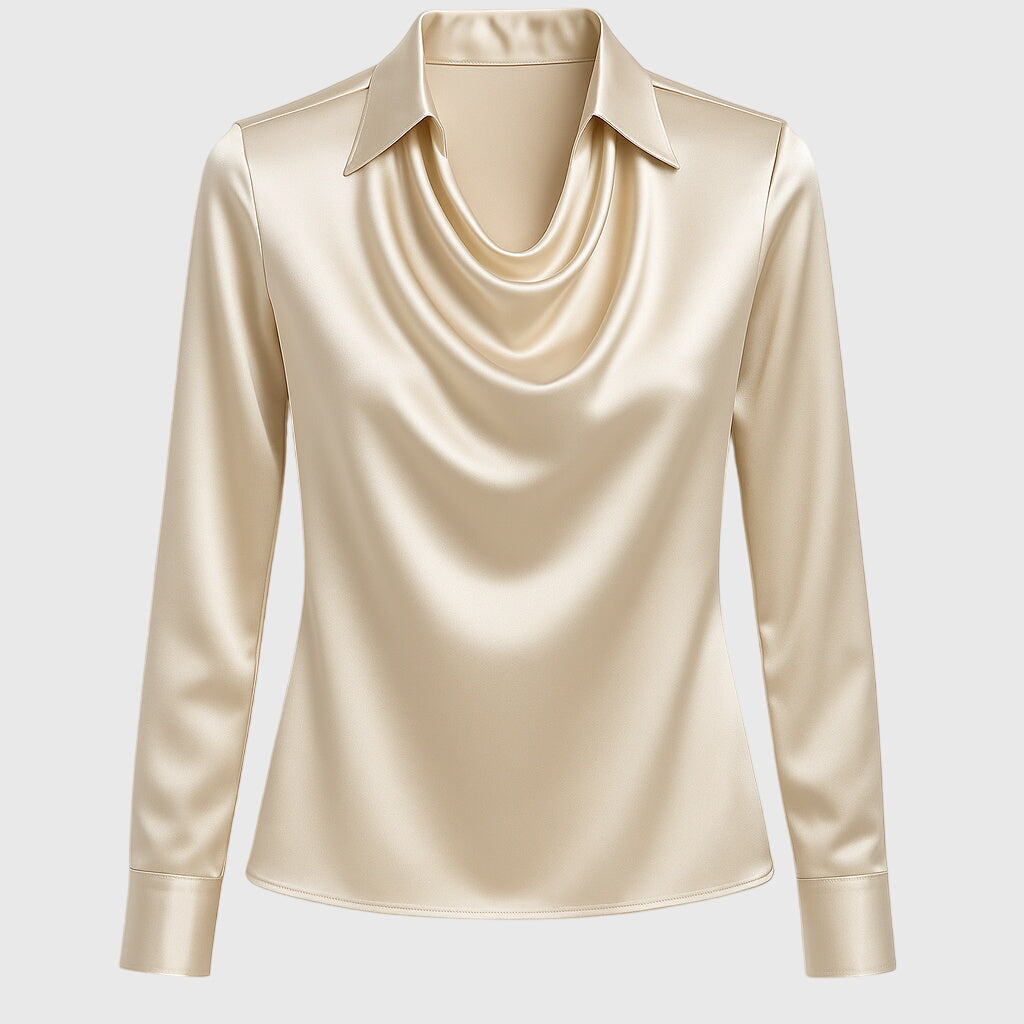 Women's Elegant Solid Satin Cowl Neck Blouse Long Sleeves Casual Business Dressy Shirts Office Work Ladies Top