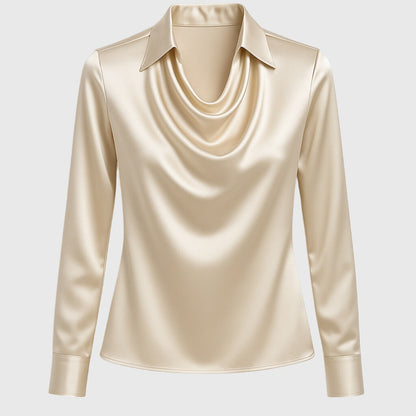 Women's Elegant Solid Satin Cowl Neck Blouse Long Sleeves Casual Business Dressy Shirts Office Work Ladies Top