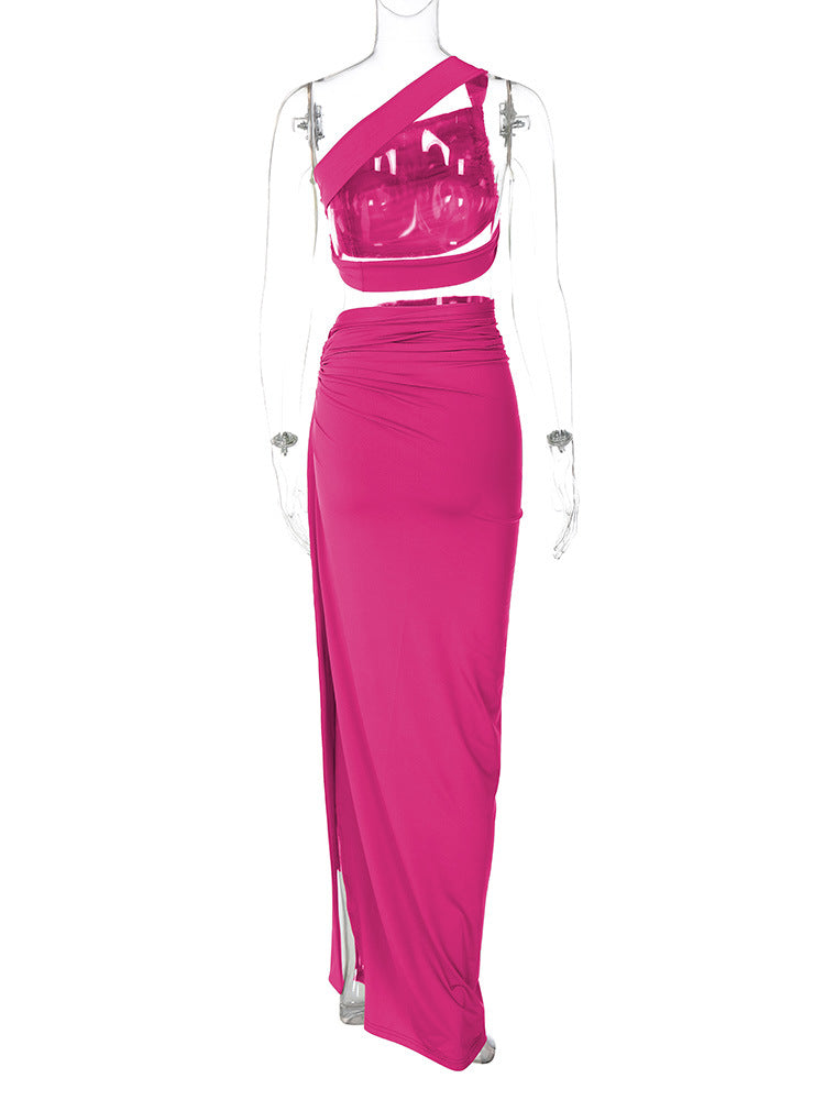 Maxikleid mit Schlitz, One-Shoulder-Kleid, zweiteiliges Rockset, sexy rotes One-Shoulder-Kleid