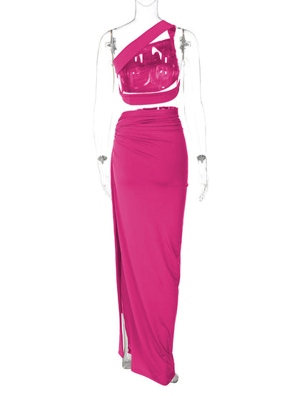 Maxikleid mit Schlitz, One-Shoulder-Kleid, zweiteiliges Rockset, sexy rotes One-Shoulder-Kleid