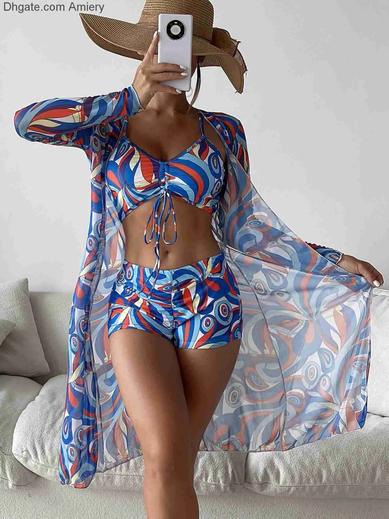 2023 Swimsuit Women's Designers Bikini Split Three Piece Set Cover Up High Waist Long Sleeve Ins Overshirt Drawstring Beach Bikinis Swimwear - Seldom Seen Styles