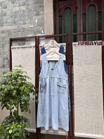 Women's Denim Sleeveless Drawstring Waist Midi Dress with Pockets Light Blue Dark Blue Casual Jean Dress
