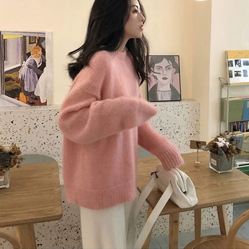 2024Solid Color Knitwear Pullover Women's Autumn and Winter New Soft Glutinous Loose Outer Wear Gentle Inner Bottoming Shirt