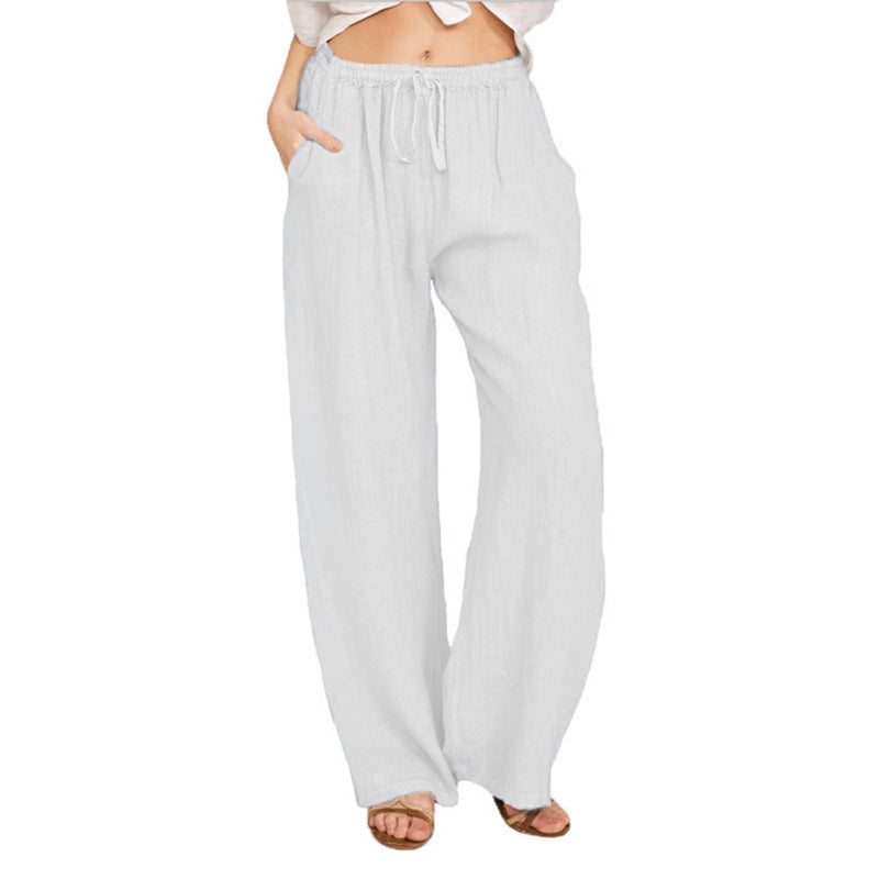 Women's Casual Wide Leg Elastic Waist Loose Lightweight Summer Linen Beach Pants Drawstring - Seldom Seen Styles