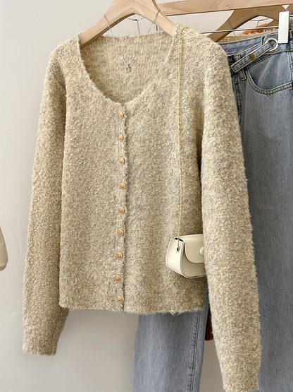 Einfarbige Strickjacke mit Knopfleiste vorne, lässige, langärmelige, flauschige Strickjacke für Herbst und Winter, Damenbekleidung