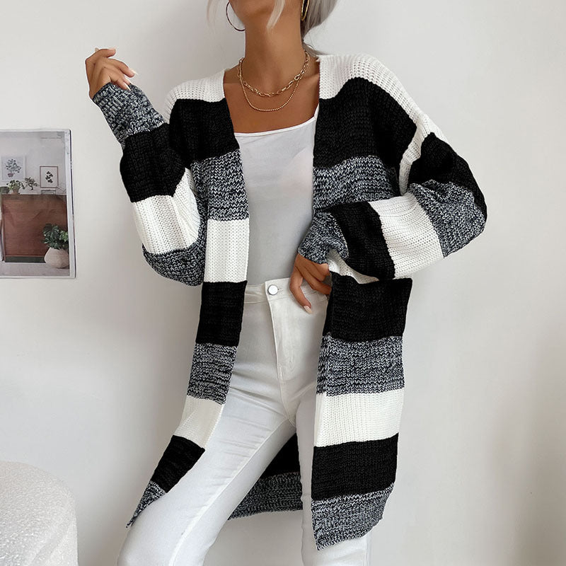 Independent Station Cross-Border E-Commerce Exclusively for Foreign Trade Autumn and Winter Hot Products European and American Women's Clothing Long Non-Button Colorblock Sweater Coat