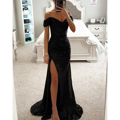 sequin prom dresses strapless sequin dress Split Dress off-Shoulder INS  Fashion low cut maxi Dress for Women