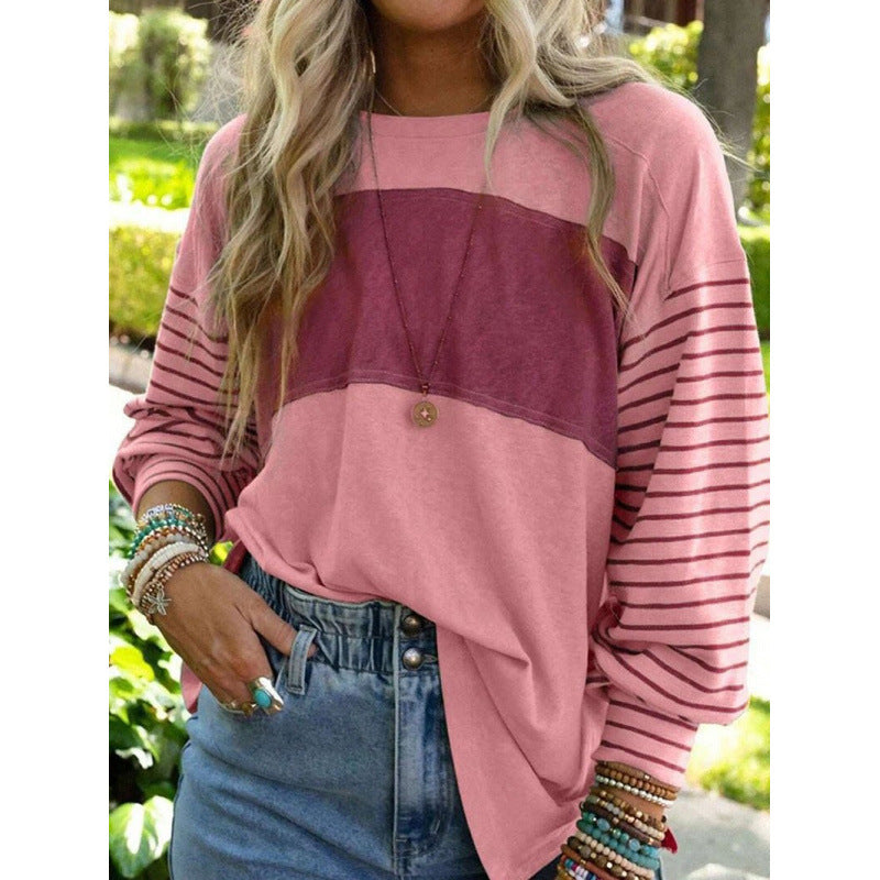 Long Sleeve Fall Tops Oversized 2025 Trendy Round Crew Neck Casual Color Block Womens Shirts Blouses - Seldom Seen Styles