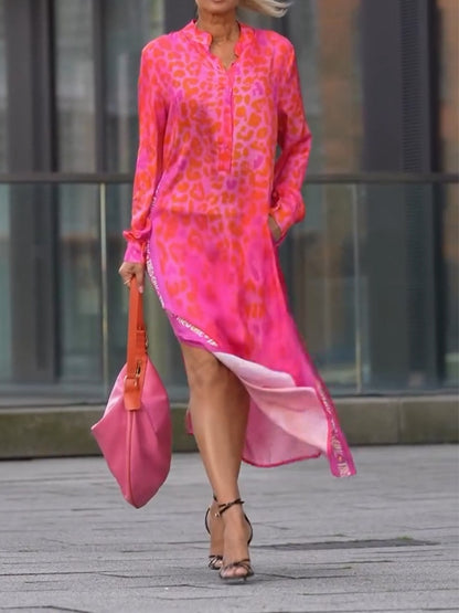 Women's Leopard Print Long Sleeve Split Maxi Dress V Neck Button Flowy Long Dress with Pockets Fashion Streetwears