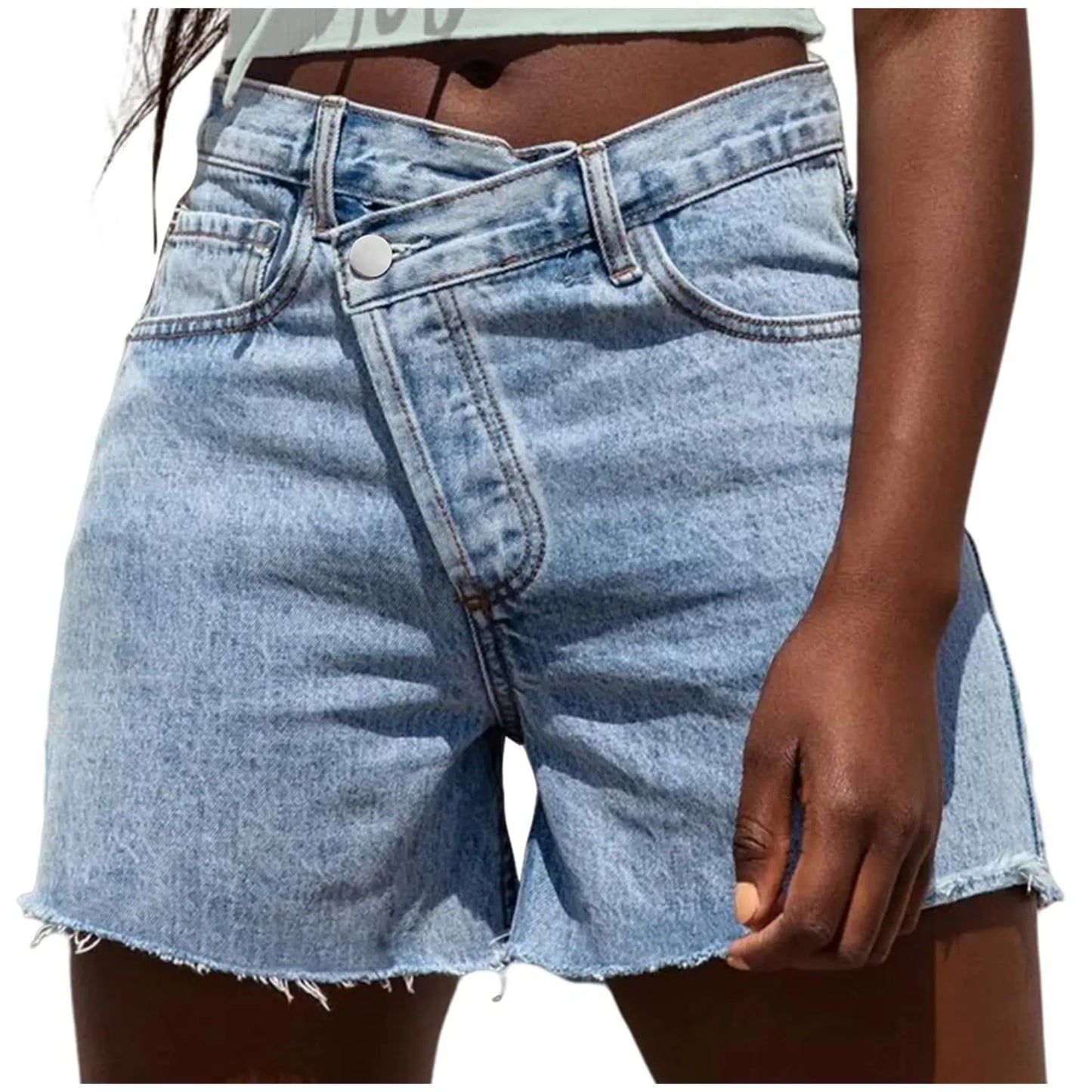 Genleck Women Crossover High Waisted Jeans Shorts Stretchy Casual Denim Shorts Boyfriend Summer Womenswear Streetwear Bottom Fit Ripped Style Chic - Seldom Seen Styles