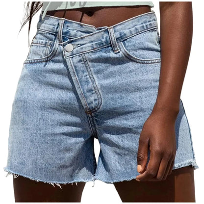 Genleck Women Crossover High Waisted Jeans Shorts Stretchy Casual Denim Shorts Boyfriend Summer Womenswear Streetwear Bottom Fit Ripped Style Chic