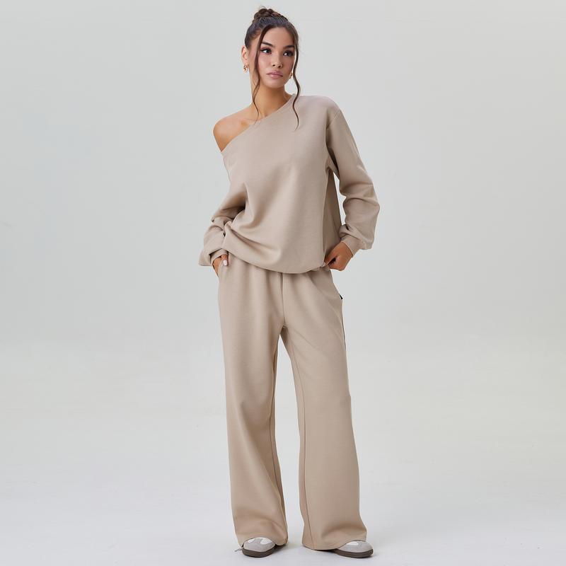 Women's Leisure Solid Color Sloping Shoulder Long Sleeve Top & Wide Leg Trousers Co-ord, Cozy Scoop Neck Loose Two Piece Outfits, Basic Womenswear - Seldom Seen Styles