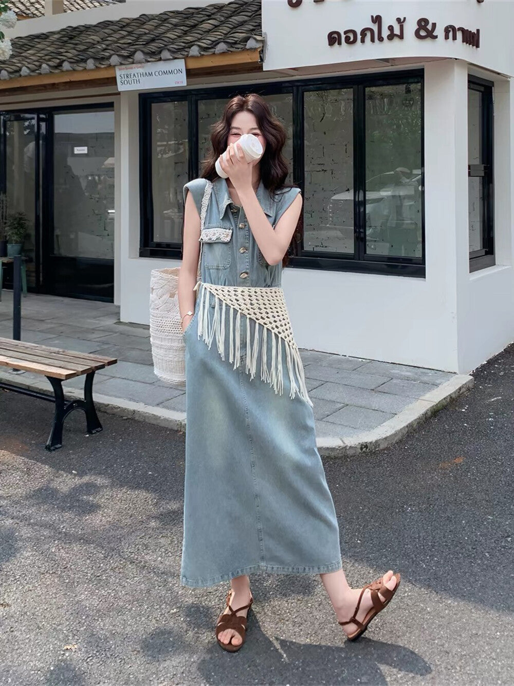 Women's Light Blue Washed Denim Sleeveless Lapel Collar Pearl Button Maxi Dress Lace Floral Chest Pockets Elastic Waist with Free Woven Tassel Waist Accessory S M L XL - Seldom Seen Styles
