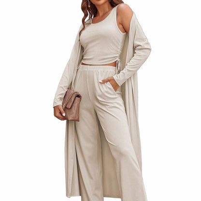 Cozy New  Women's 3 Piece Knit Lounge Set Long Sleeve Cardigan Sleeveless Top Pants Sweatsuit S-XXL