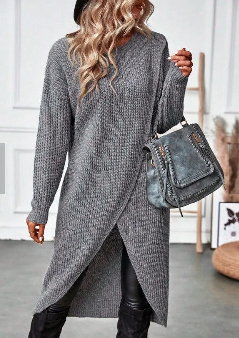 Women's Plain High Low Hemline Wrap Tunic Sweater Dress, Casual Drop Shoulder Long Sleeve Dress for Fall & Winter, Fall Dresses, Casual Dress Women's Clothing for Daily Wear, Moo Moo Dresses, Dresses for Women