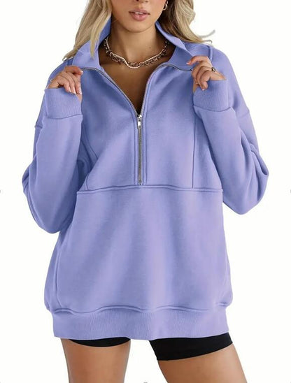 Damen-Sweatshirts mit halbem Reißverschluss, Fleece, Stehkragen, lange Ärmel, Daumenloch, übergroße Pullover mit Taschen