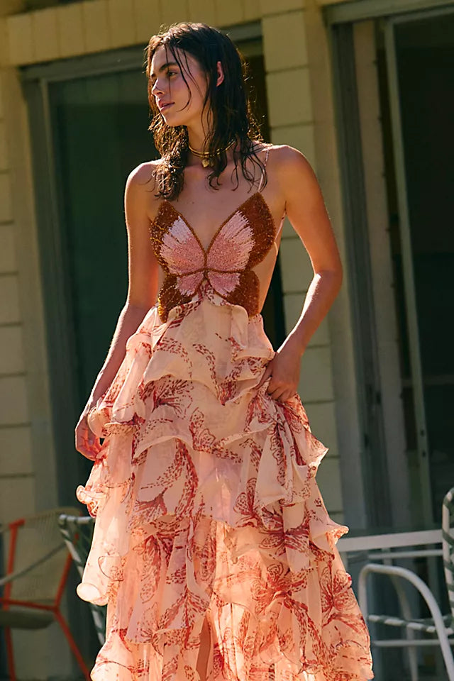 gloria sunset butterfly ruffle layer maxi dress