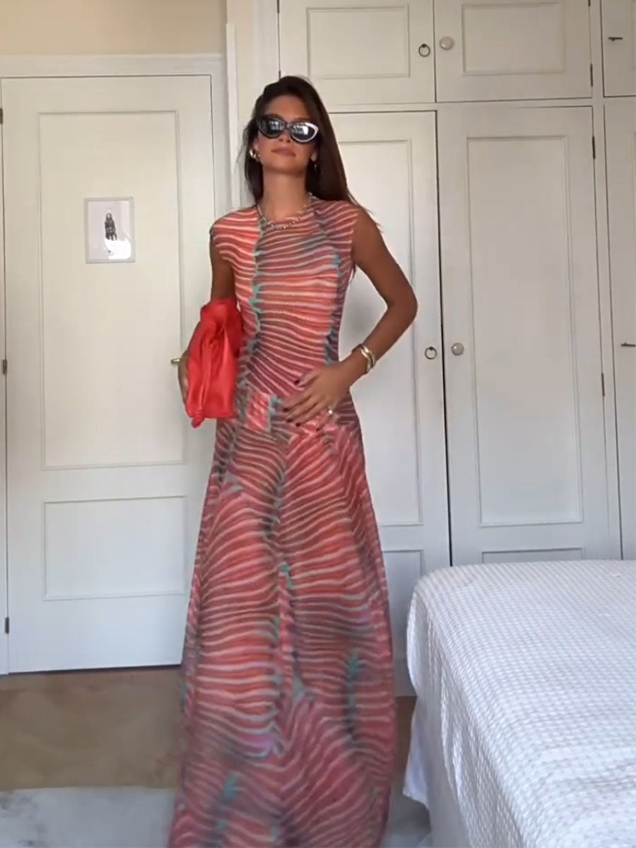 Women's Mesh Two Piece Set Sleeveless Crop Top and Bodycon Maxi Skirt Outfit - Seldom Seen Styles