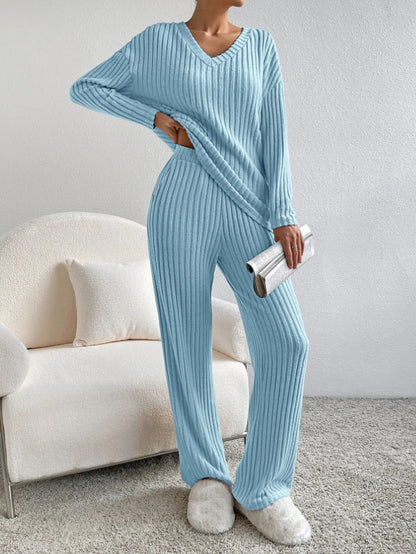 V Collar  Stripe Knitted Suit Two-Piece Set for Women2024Autumn New Fashion Casual Straight-Leg Pants Loose Temperament