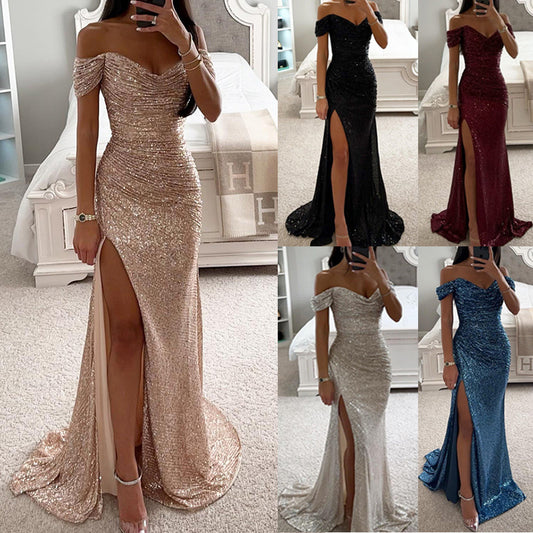 sequin prom dresses strapless sequin dress Split Dress off-Shoulder INS  Fashion low cut maxi Dress for Women