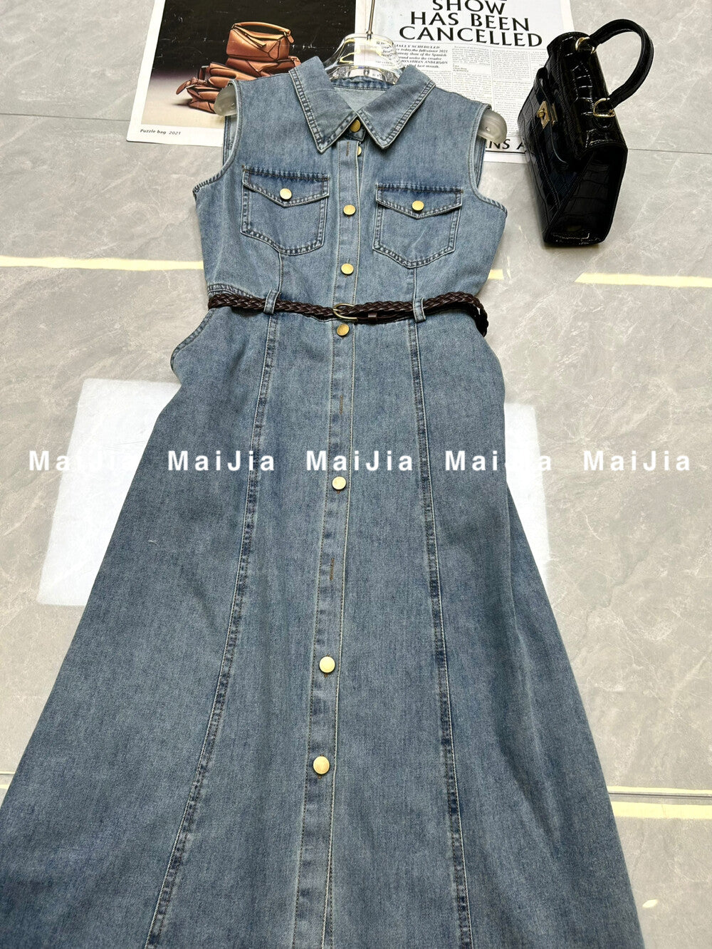 Women's Light Blue Denim Sleeveless A-Line Midi Dress Gold Button Dual Chest Pockets with Free Braided Belt S M L XL - Seldom Seen Styles