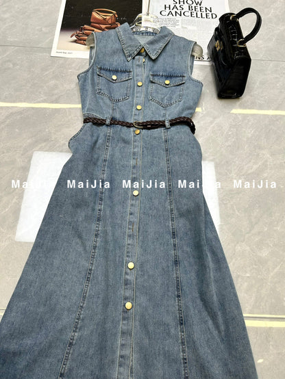 Women's Light Blue Denim Sleeveless A-Line Midi Dress Gold Button Dual Chest Pockets with Free Braided Belt S M L XL