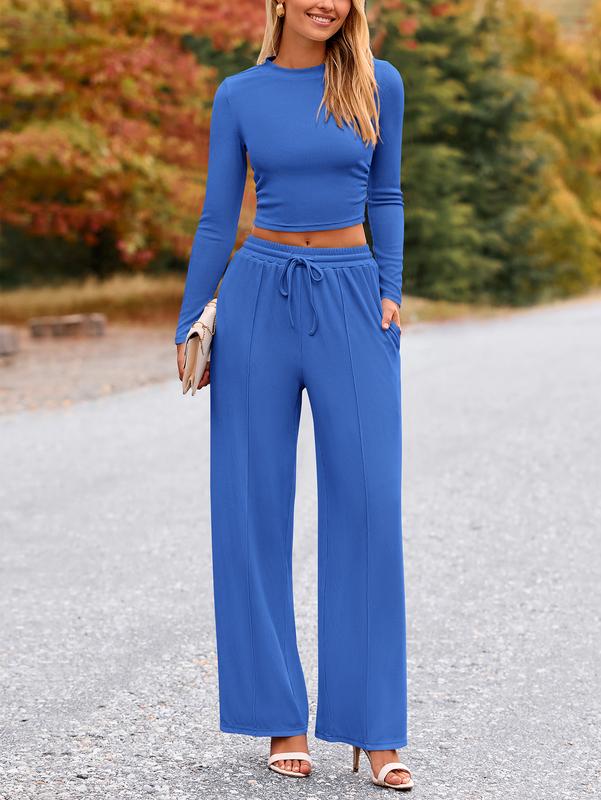 BTFBM 2-Piece Ribbed Knit Long Sleeve Crop Top Wide Leg Pants Matching Lounge Set Loungewear