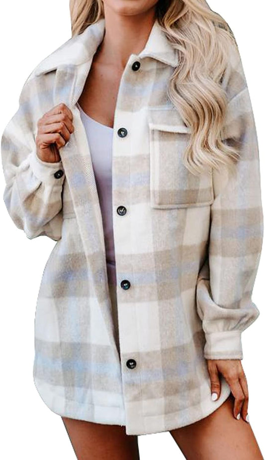 BTFBM Women Long Sleeve Button Down Jackets Plaid Flannel Shirts Tops Casual Lapel V Neck Oversized Shackets Blouses Top