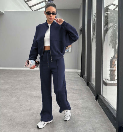 Women's Solid Zip Up Crop Jacket & Drawstring Waist Pants Two-piece Set, Casual Fashion Drop Shoulder Long Sleeve Top & High Waist Trousers Womenswear Suits for Outdoor Wear, Women's Clothing for Spring & Fall 90s Clothes