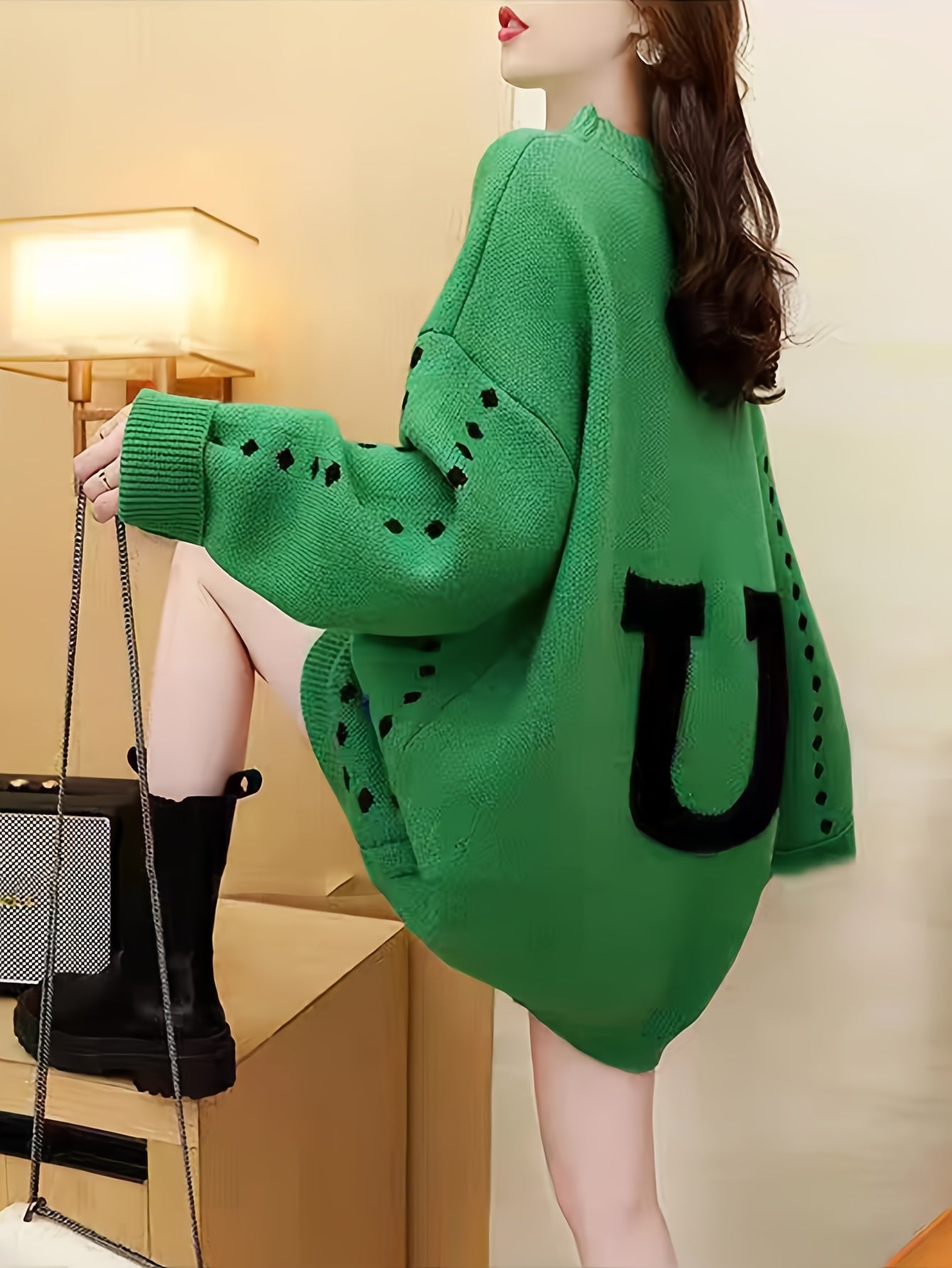 Letter Texture Crew Neck Sweater, Casual Long Sleeve Long Length Drop Shoulder Sweater For Fall & Winter, Women's Clothing