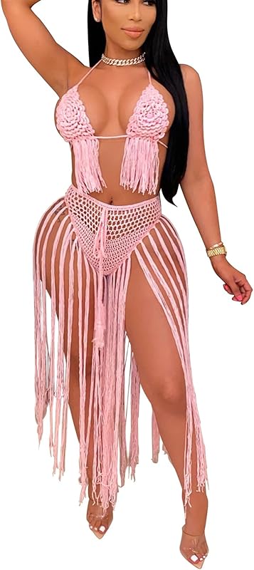 Women Sexy Beach Coverups Summer 2 Piece Outfits Crochet Mesh Fishnet Bikini Top and Maxi Skirt Set - Seldom Seen Styles