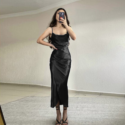 2024European and American Hot Girl Style Sexy Low-Cut Satin Split Sling Dress New Slim Backless Long Dress