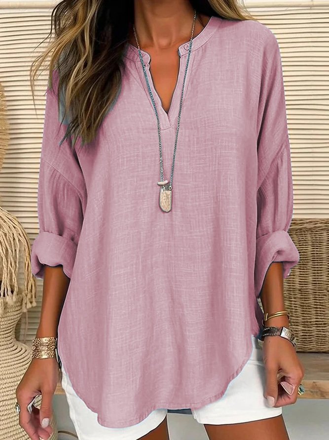 V Neck Long Sleeve Plain Regular Loose Shirt For Women - Seldom Seen Styles