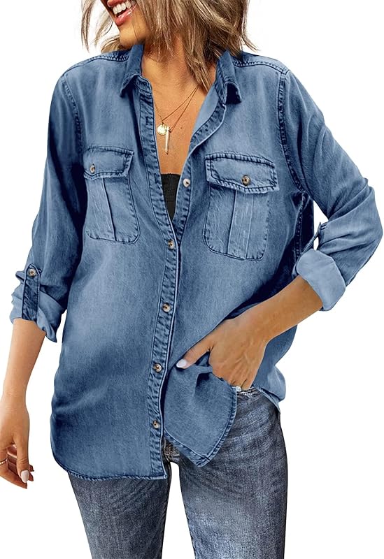 Runcati Womens Button Down Denim Shirt Long Sleeve Roll Up Casual Oversized Jean Shirt Jacket Distressed Tunic Tops