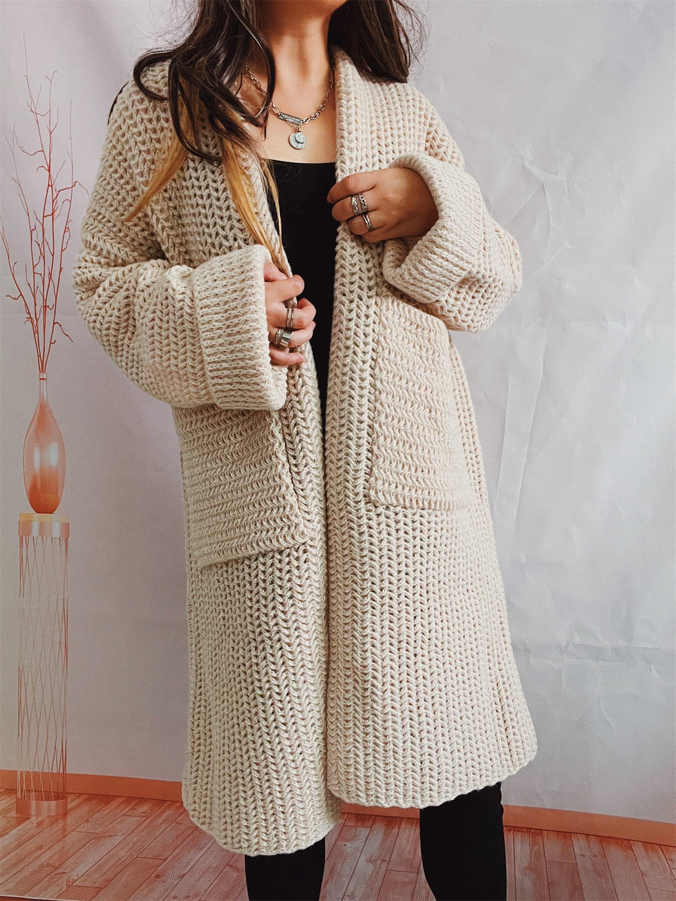 2024Cross-Border Amazon Autumn and Winter New Loose Solid Color Large Pocket Thickened Long Knitted Cardigan Sweater Coat