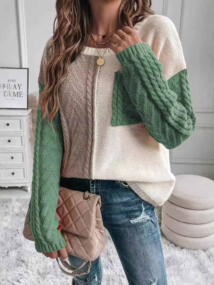 Amazon New Sweater European and American Women's Clothing Casual Patchwork Pocket Pullover Sweater Top Women's Sweater