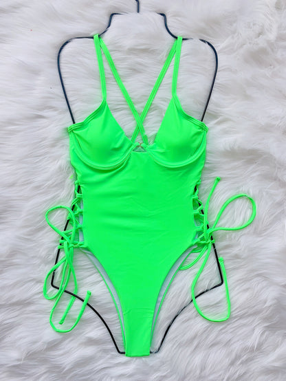 drawstring bikini romper swimsuit Bikini Solid Color Strap  One-Piece Adjustable Strap  Swimsuit - Seldom Seen Styles