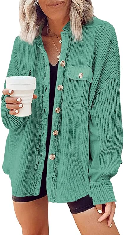 Yanekop Womens Waffle Knit Shacket Oversized Shirt Jacket Button Down Blouse Loose Fit Long Sleeve Tops