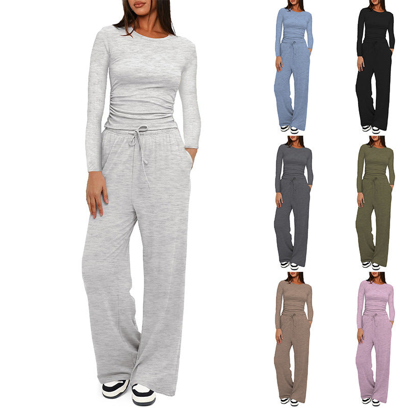 Two-piece Set Women's Solid Ruched Tee & Drawstring Pocket Pants Pajamas Set, Casual Long Sleeve T-shirt & Elastic Waist Trousers, Ladies Sleepwear  Loungewear for All Seasons - Seldom Seen Styles