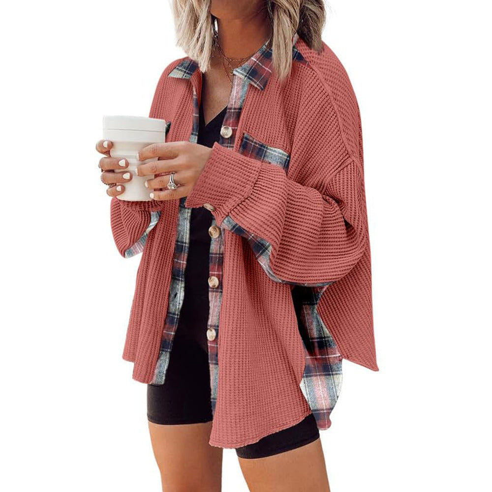 Womens Waffle Knit Plaid Shacket Boyfriend Button Down Shirt Jacket Loose Long Sleeve Tops