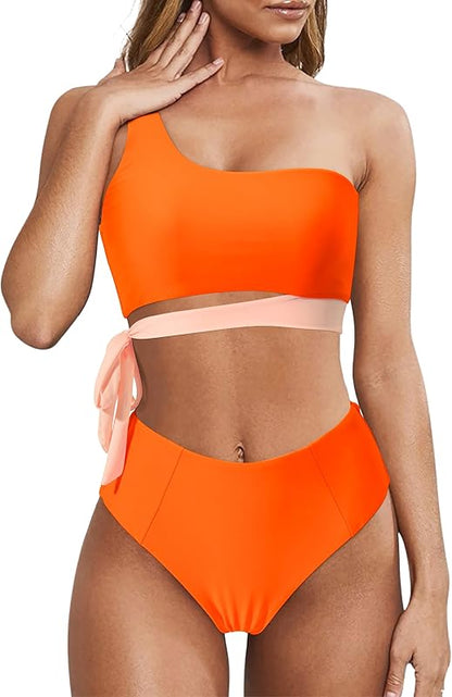 Women One Shoulder High Waisted Bikini Tie High Cut Two Piece Swimsuits - Seldom Seen Styles