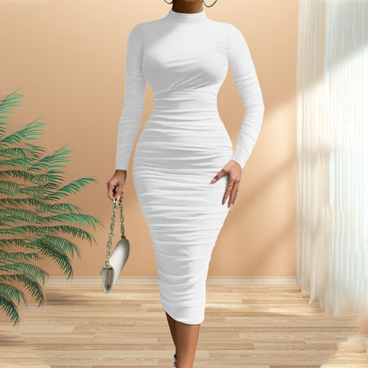 Women's Cocktail Bodycon Long Sleeve Mock Neck Mesh Ruched Midi Party Dress Formal Womenswear - Seldom Seen Styles