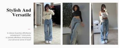 Women's 2025 Wide Leg Jeans Distress Mid Waist Denim Pants Vintage Y2K Trousers