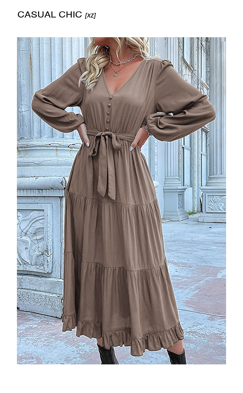 Robes de printemps pour femmes 2025, manches longues, col en V, boutonnée, ceinture, coupe trapèze, fluide, volants, maxi, chemise, poches