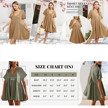 Womens Summer Mini Dress Casual Short Sleeve Loose V Neck Flowy Sundress Vacation Tshirt Sun Dress