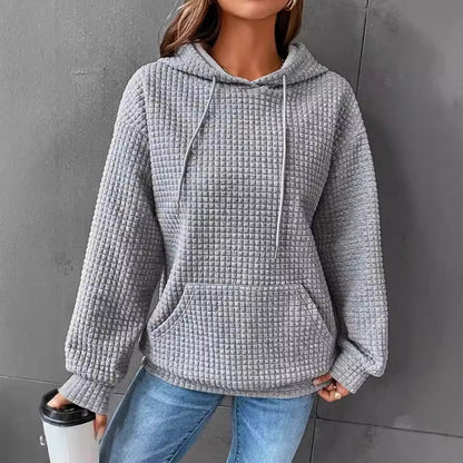 Womens Hoodies Casual Long Sleeve Drawstring Waffle Pullover Tops Loose Hooded Sweatshirt with Pocket