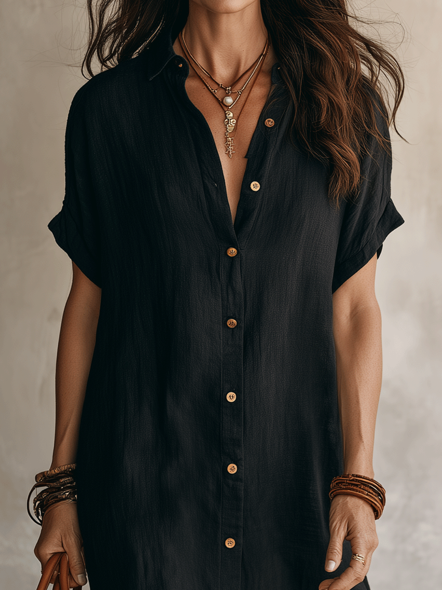 Modern Boho Effortless Black Linen Relaxed Midi Dress - Seldom Seen Styles