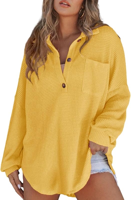 Women Waffle Knit Tops Henley Shirts Long Sleeve V Neck Solid Color Casual Tunic