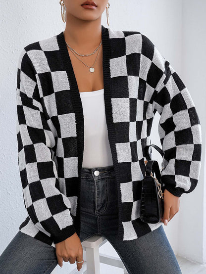 Women's Checkerboard Print Drop Shoulder Cardigan, Casual Long Sleeve Open Front Knitwear for Fall & Winter, Women's Knit Clothing for Daily Wear