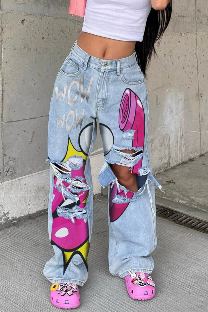 Mid Waist Printed Baggy Jeans - Seldom Seen Styles